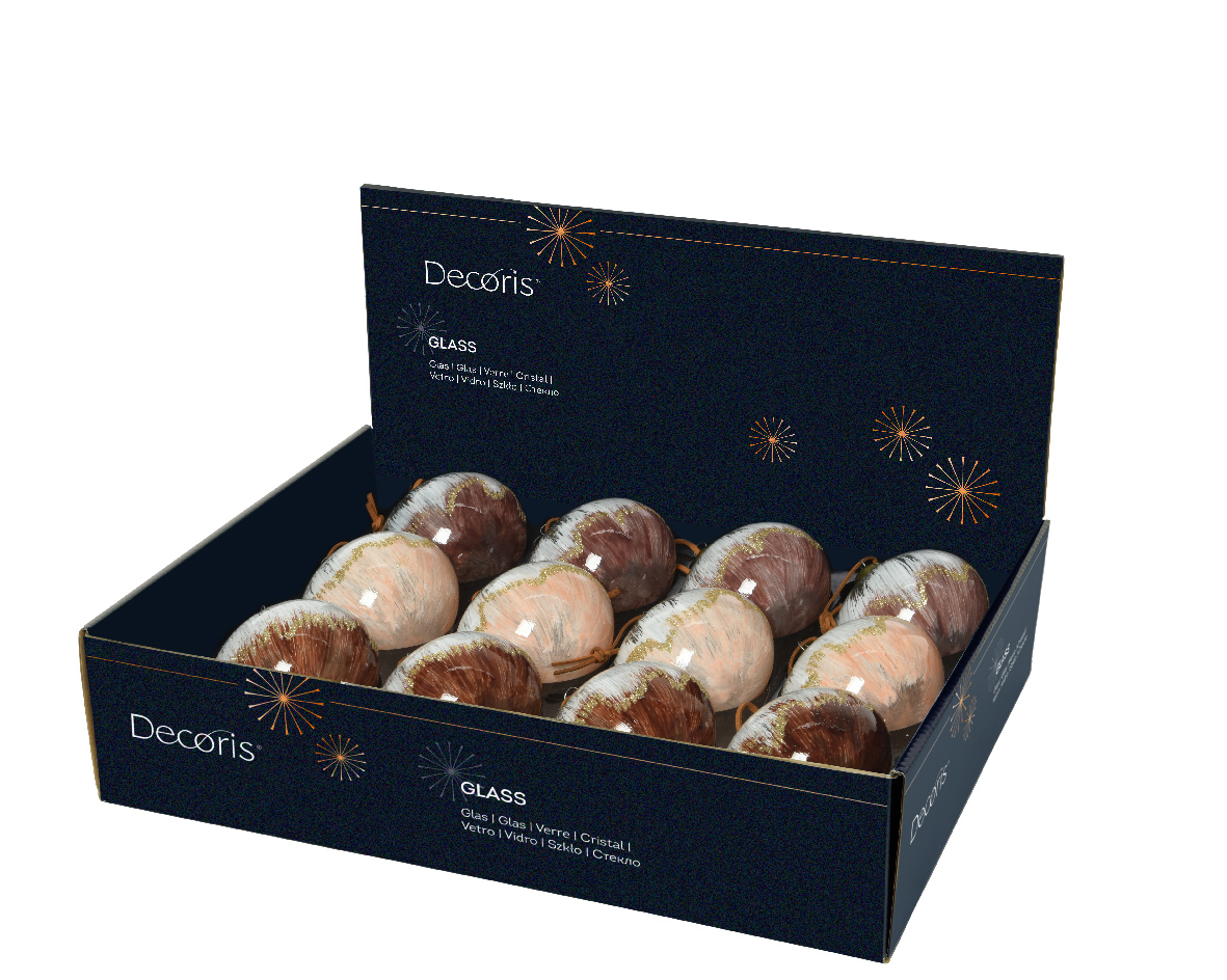 Տոնածառի ապակե խաղալիք, butterscotch/cinnamon/walnut, վրձնով ներկված, 8սմ/Տուփ 12 հատ/