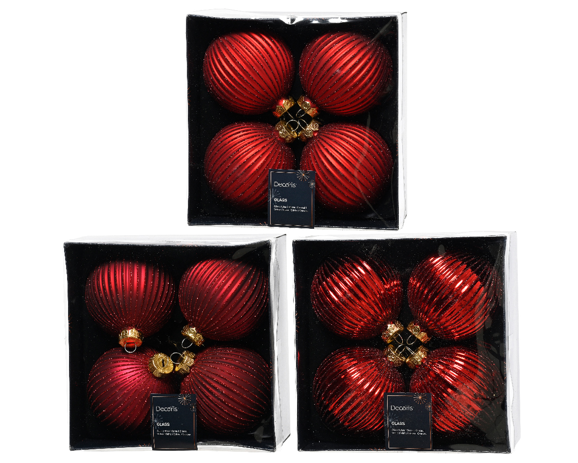 Տոնածառի ապակե խաղալիք, christmas red/oxblood, ուղղահայաց նախշով, 8սմ/Տուփ 4 հատ/