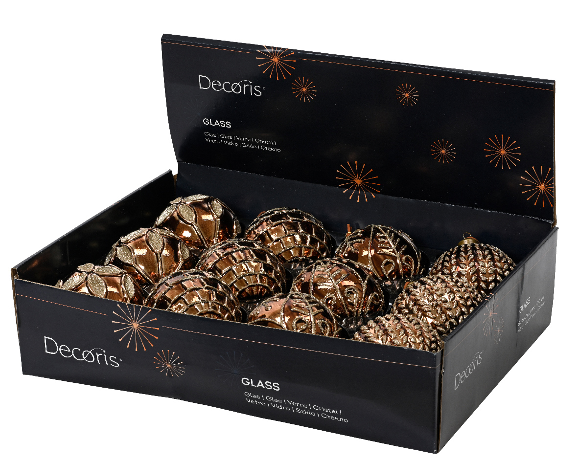 Տոնածառի ապակե խաղալիք, espresso, սպիտակ նախշերով, 10սմ/Տուփ 12 հատ/