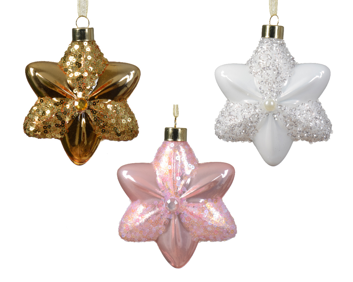 Տոնածառի ապակե խաղալիք, աստղ, blush pink/light gold/winter white, 10.8սմ/Տուփ 2 հատ/