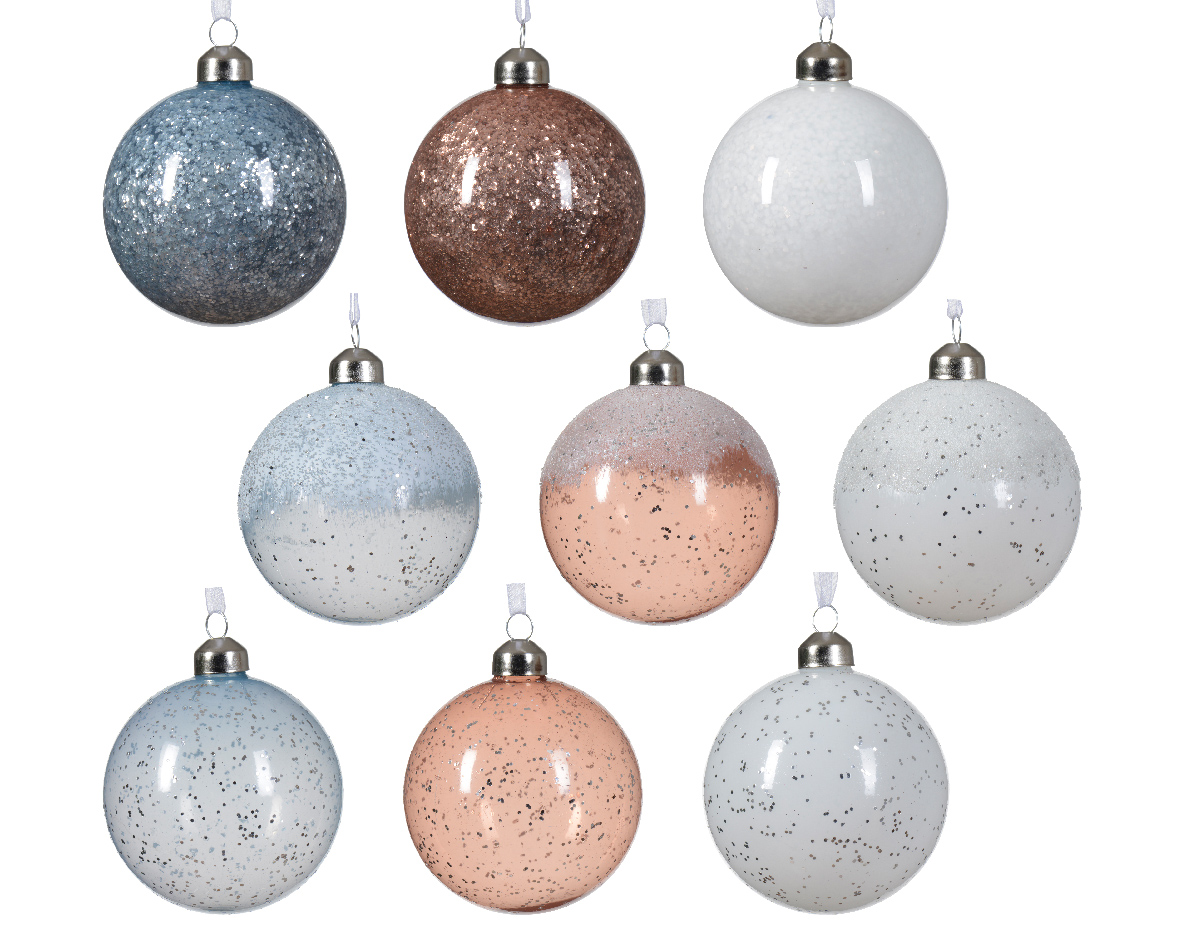 Տոնածառի ապակե խաղալիք, sparkling rose/hazy blue/winter white, փայլուն կետերով, 8սմ/Տուփ 3 հատ/