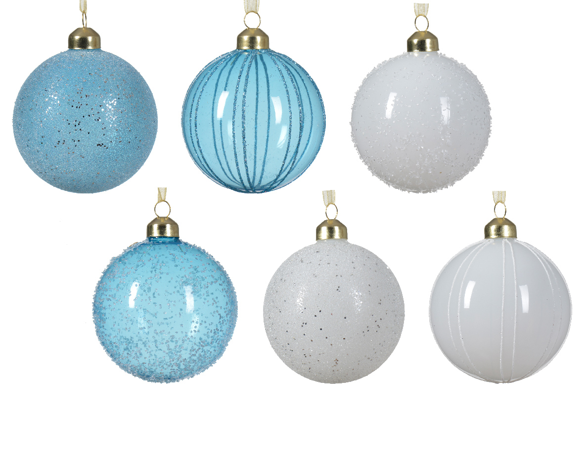 Տոնածառի ապակե խաղալիք, sugar blue/winter white, փայլուն կետերեվ, ուղղահայաց գծերով, 8սմ/Տուփ 3 հատ/