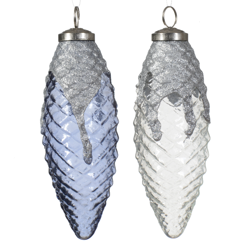 Տոնածառի ապակե երկար կոնաձև խաղալիք կապույտ/թափանցիկ, 16սմ