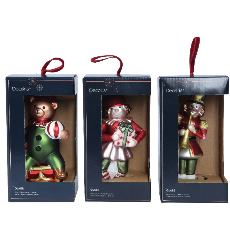 Տոնածառի ապակե խաղալիք արջ/ծաղրածու/զինվոր, 16.8սմ