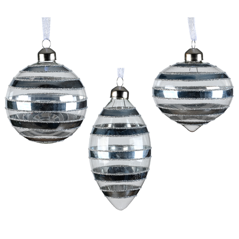 Տոնածառի ապակե խաղալիք, գունդ,հոլաձև,նշաձև, hazy blue, հորիզոնական գծերով, 8սմ/Տուփ 12 հատ/