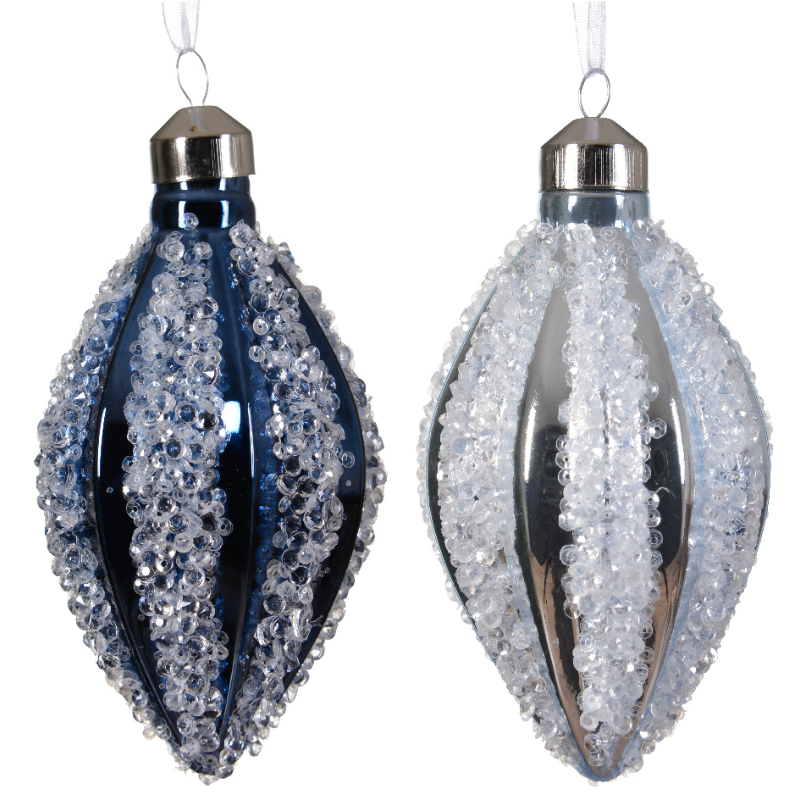 Տոնածառի ապակե խաղալիք, նշաձև, night blue/hazy blue, ուղղահայաց քարերով, 12սմ/Տուփ 12 հատ/