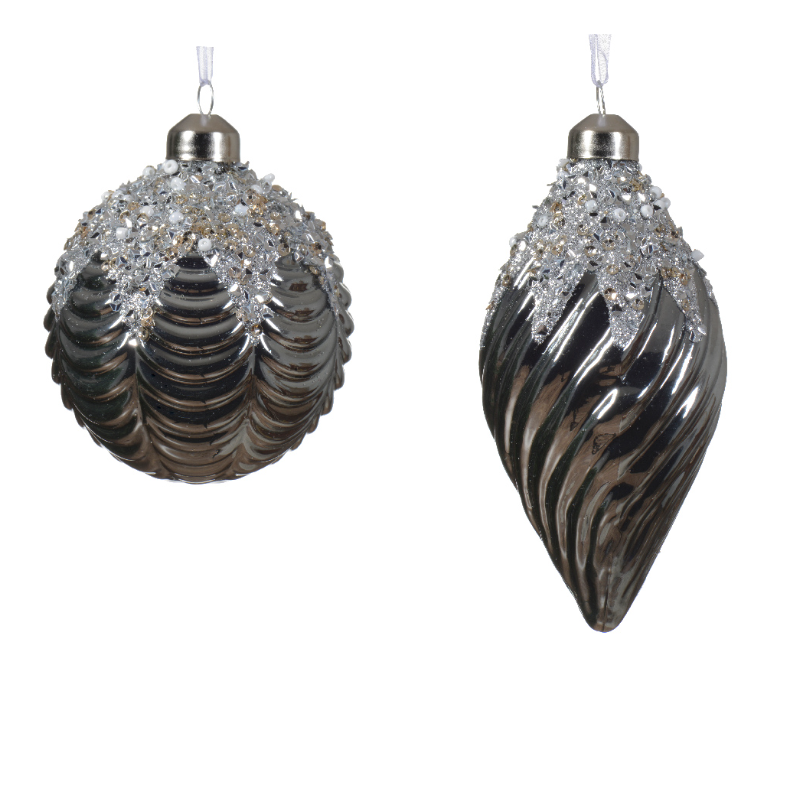 Տոնածառի ապակե խաղալիք, գունդ/նշաձև, silver, փայլուն քարերով վերնամասով, 8սմ/Տուփ 12 հատ/