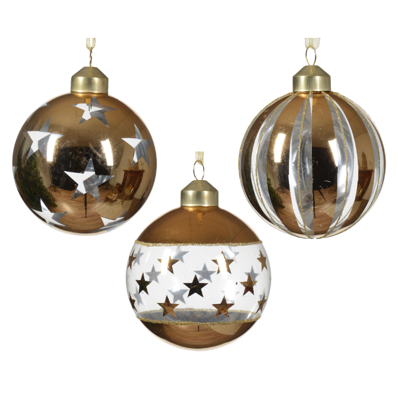 Տոնածառի ապակե խաղալիք, light gold, աստղային նախշով, 8սմ/Տուփ 12 հատ/