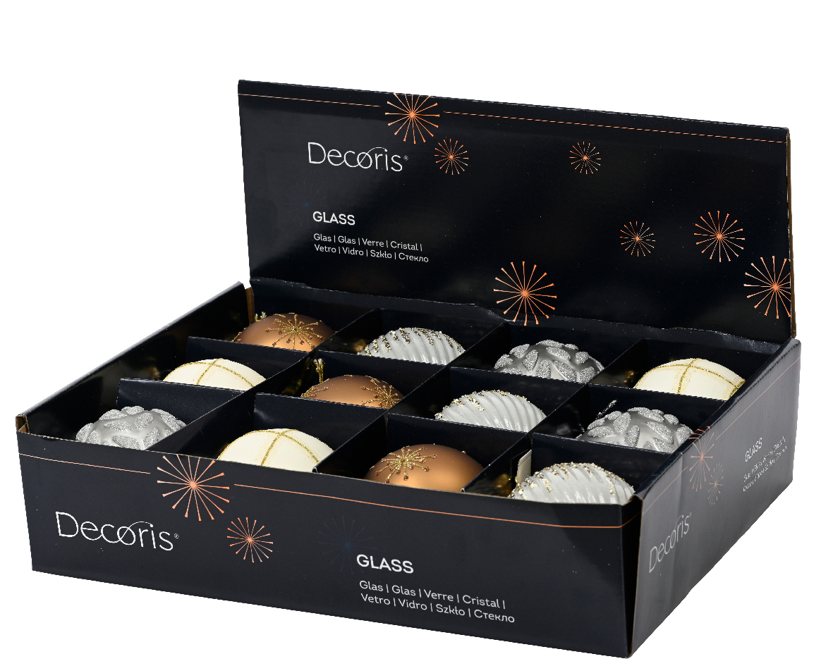 Տոնածառի ապակե խաղալիք, ginger brown/wool white/marble grey/wool white, նախշերով, 8սմ/Տուփ 12 հատ/