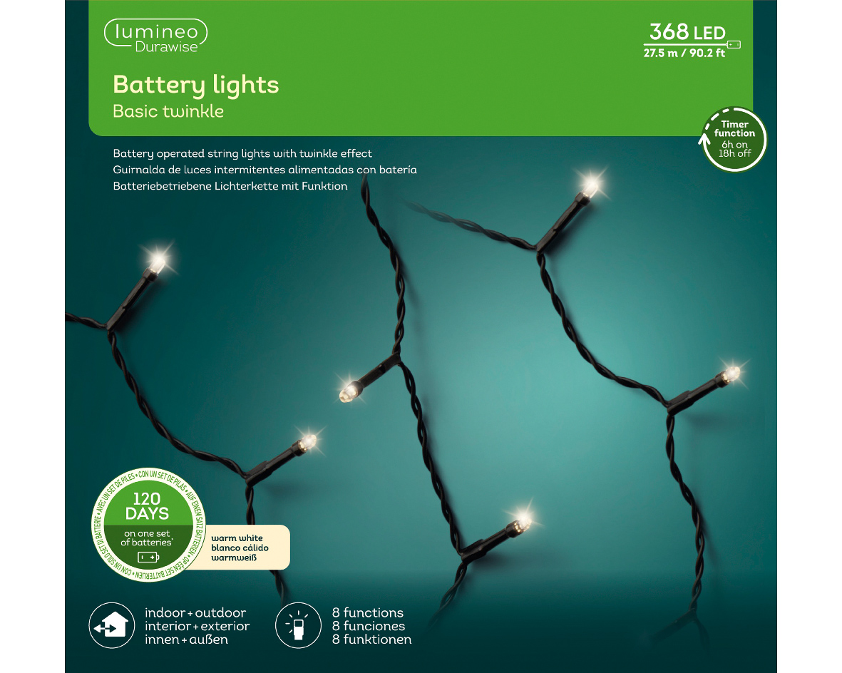 Տոնածառի լույս մարտկոցով, 27,5մ, 368 LED, black/warm white