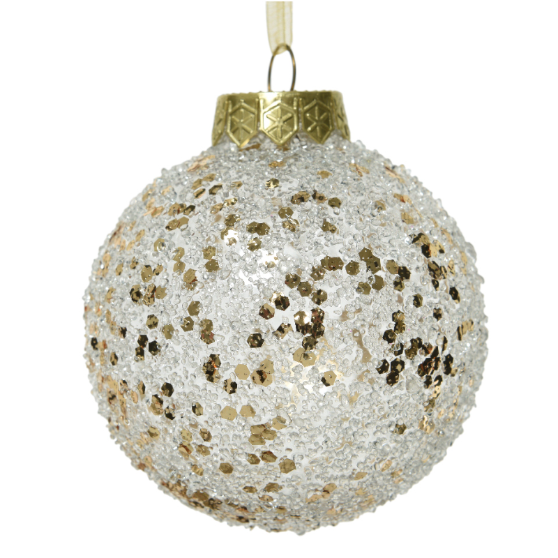 Տոնածառի խաղալիք՝ ոսկեգույն, թափանցիկ փայլերով, 80մմ