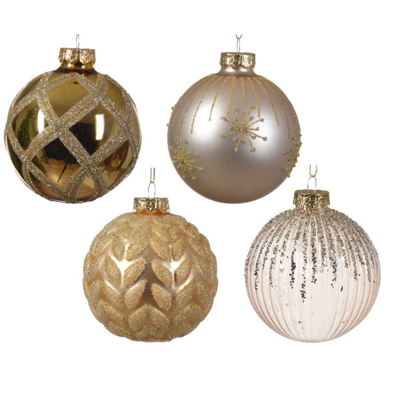 Տոնածառի ապակե խաղալիք, pearl/gold, նախշերով, 8սմ/Տուփ 12 հատ/