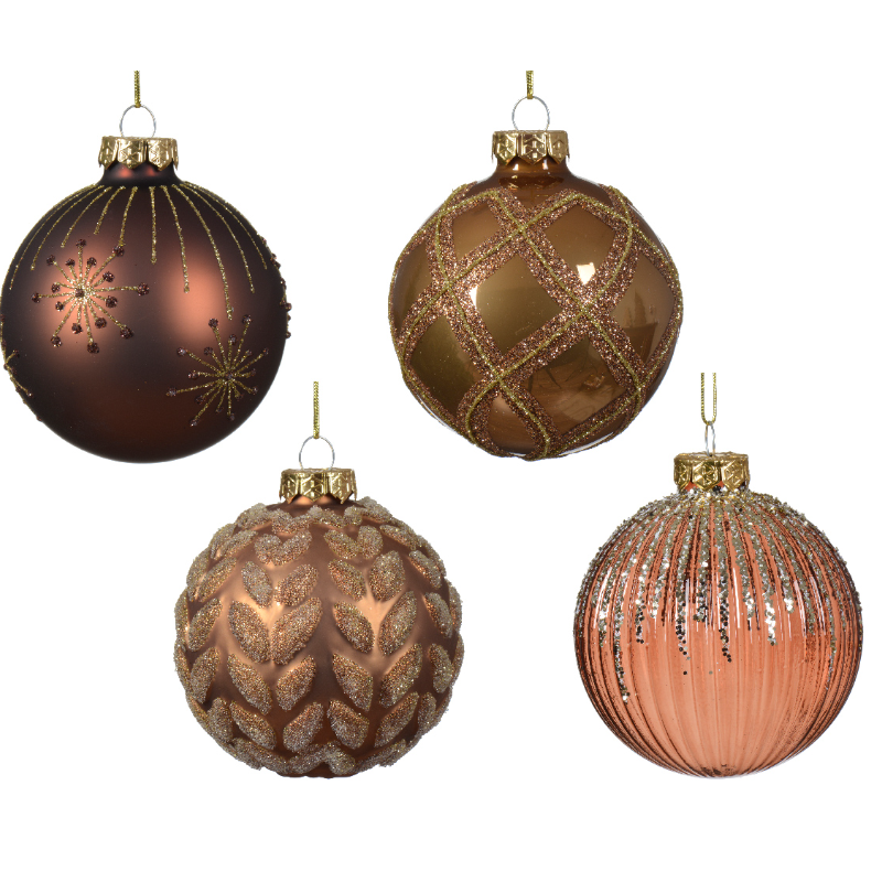 Տոնածառի ապակե խաղալիք, espresso/ginger brown, նախշերով, 8սմ/Տուփ 12 հատ/