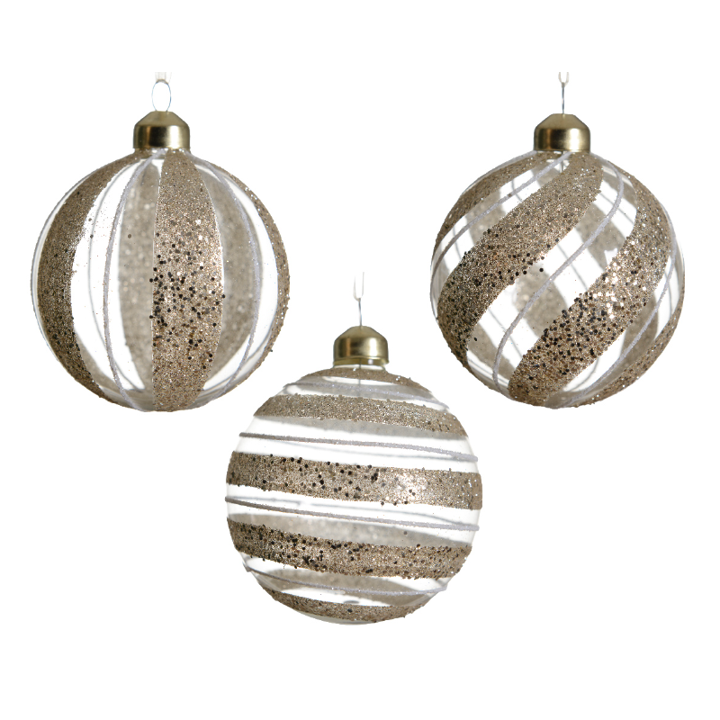 Տոնածառի ապակե խաղալիք, champange, ուղղահայաց/հորիզոնական/զսպանակաձև նախշերով, 8սմ/Տուփ 12 հատ/