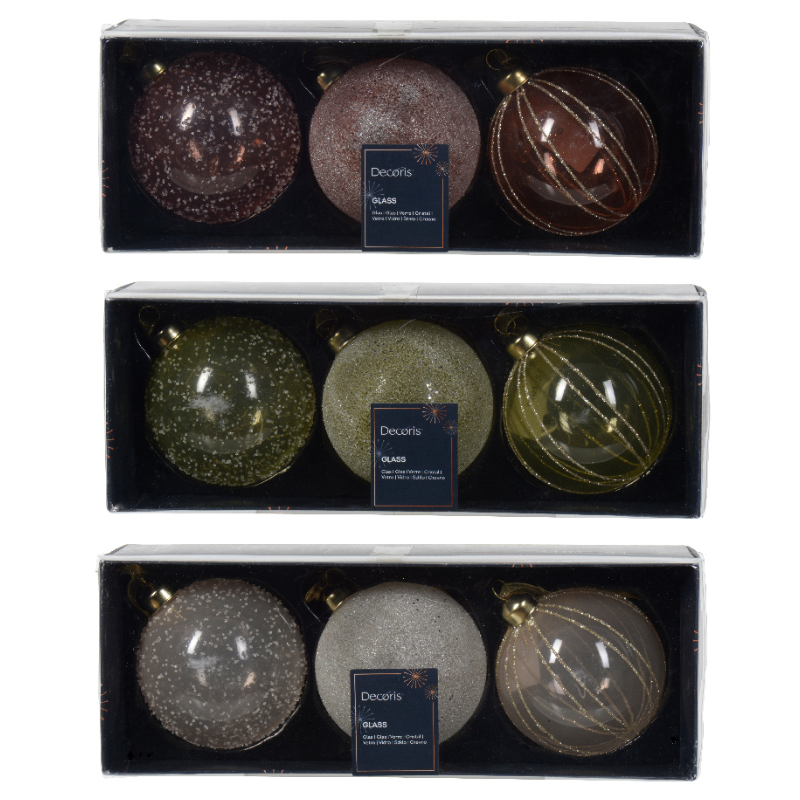 Տոնածառի ապակե խաղալիք, pearl/sparkling rose/pistachio, փայլուն կետերեվ, ուղղահայաց գծերով, 8սմ/Տուփ 3 հատ/