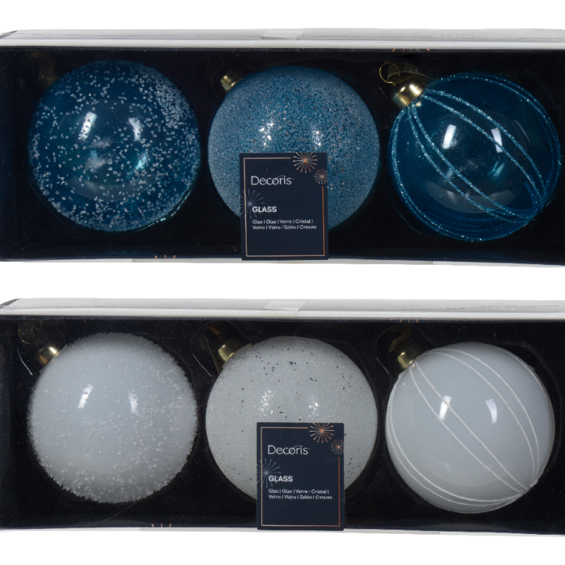 Տոնածառի ապակե խաղալիք, sugar blue/winter white, փայլուն կետերեվ, ուղղահայաց գծերով, 8սմ/Տուփ 3 հատ/