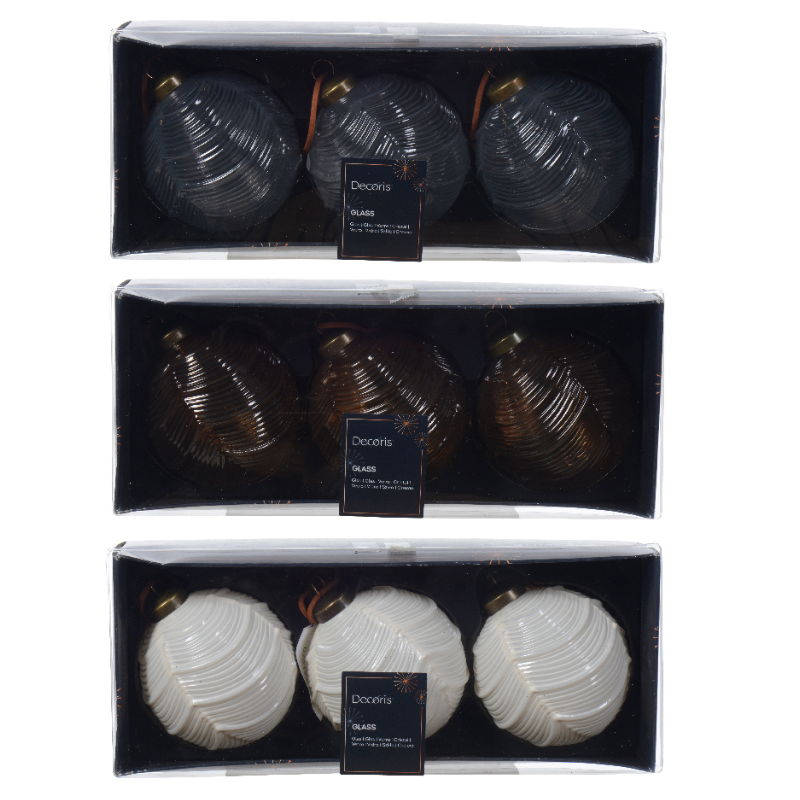 Տոնածառի ապակե խաղալիք, wool white/ginger brown/marble, ժապավենաձև նախշով, 8սմ/Տուփ 3 հատ/