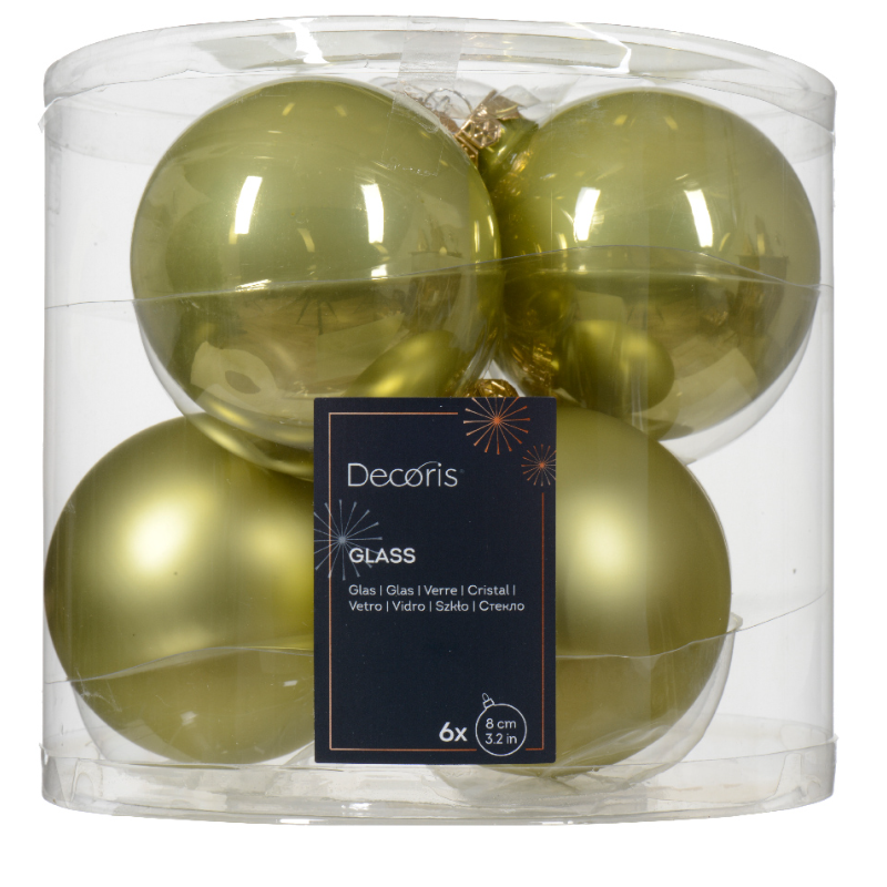 Տոնածառի ապակե խաղալիք, pistachio, 80մմ/Տուփ 6 հատ/