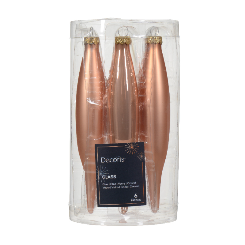 Տոնածառի ապակե երկար խաղալիք, sparkling rose, 15սմ/Տուփ 6 հատ/