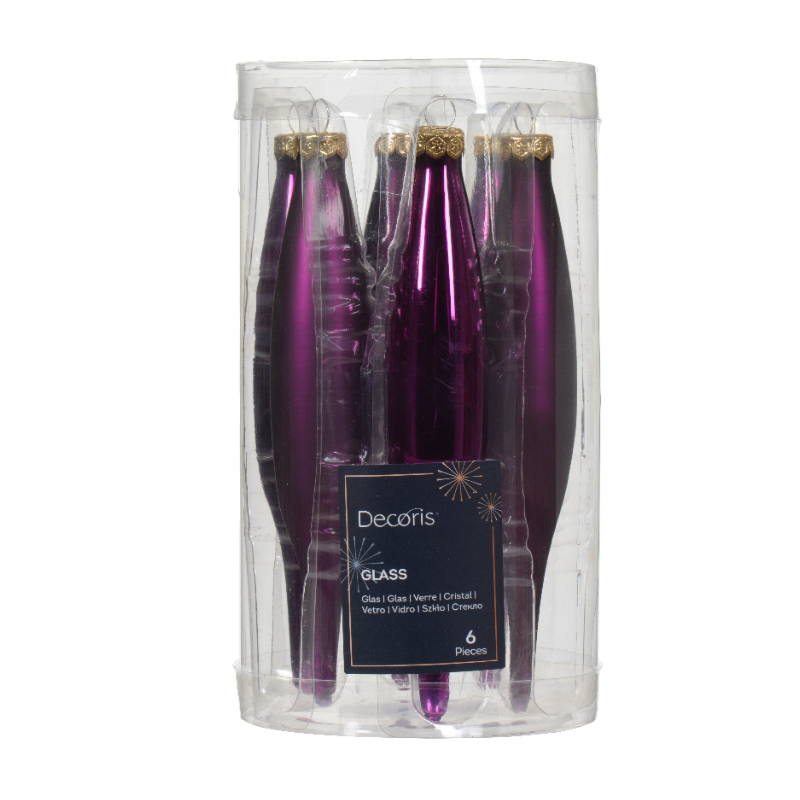 Տոնածառի ապակե երկար խաղալիք, violet, 15սմ/Տուփ 6 հատ/