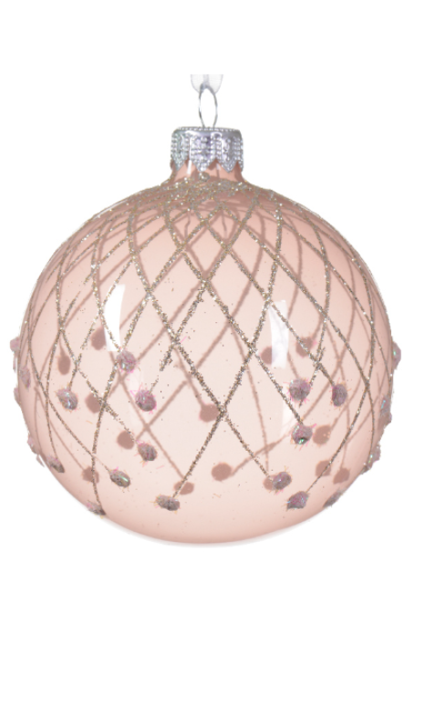 Տոնածառի ապակե խաղալիք, blush pink/pearl, արծաթագույն գծերով, 8սմ/Տուփ 6 հատ/