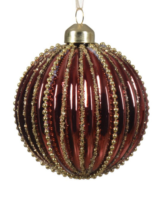 Տոնածառի ապակե խաղալիք, light gold/oxblood, ուղղահայաց քարերով, 8սմ/Տուփ 3 հատ/