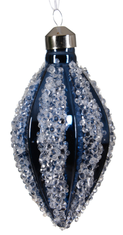 Տոնածառի ապակե խաղալիք, նշաձև, night blue/hazy blue, ուղղահայաց քարերով, 12սմ/Տուփ 12 հատ/