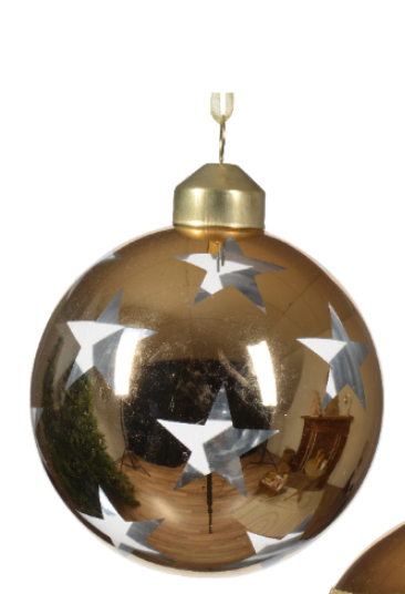 Տոնածառի ապակե խաղալիք, light gold, աստղային նախշով, 8սմ/Տուփ 12 հատ/