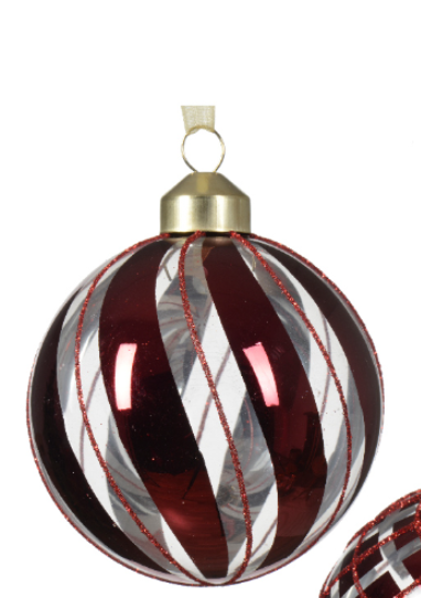 Տոնածառի ապակե խաղալիք, oxblood, ուղղահայաց և զսպանակաձև գծերով, 8սմ/Տուփ 12 հատ/