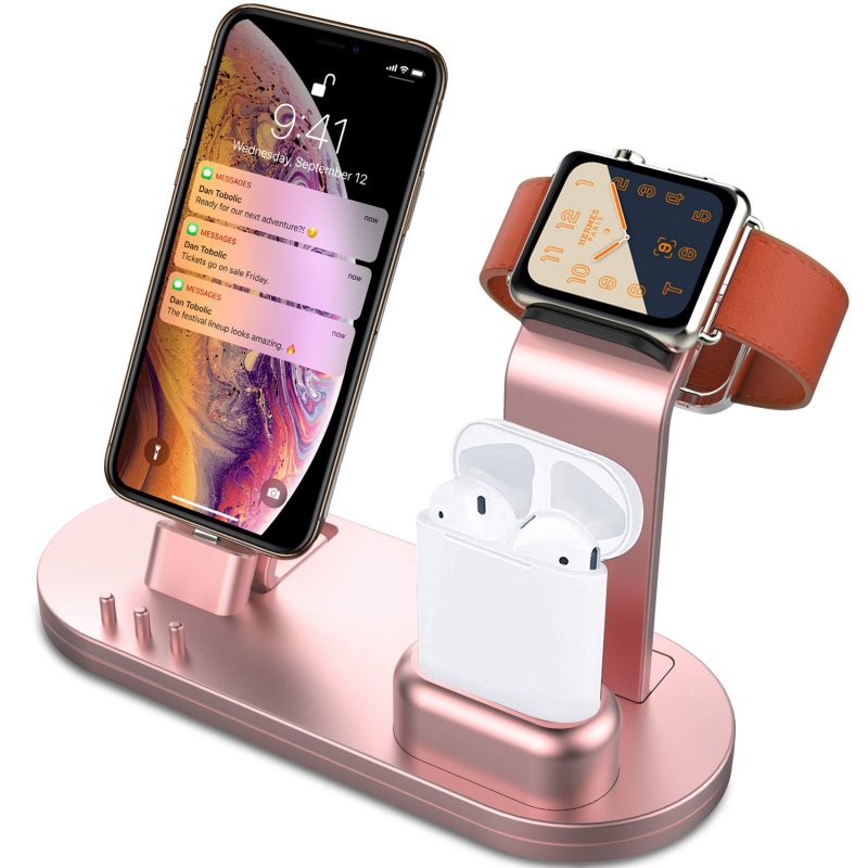 OLEBR 3 in 1 Charging Stand Compatible with iWatch Series 5/4/3/2/1, AirPods and iPhone 11/Xs/X Max/XR/X/8/8Plus/7/7 Plus /6S /6S Plus(Original Charger & Cables Required) Rose Gold