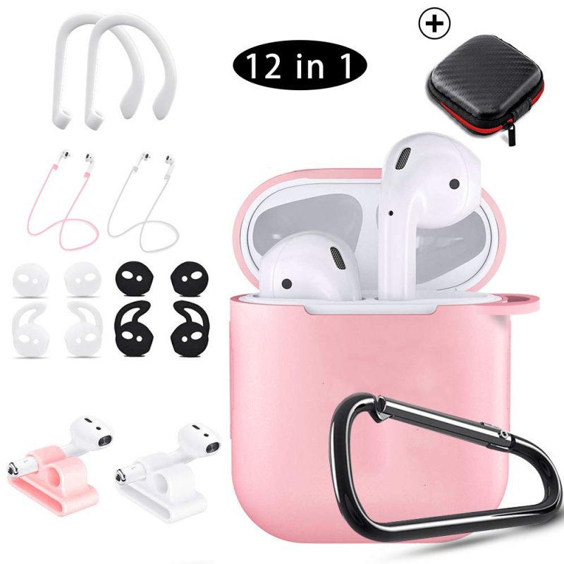 KHTONE AirPods Case, 12 in 1 Silicone AirPods Accessories Set Protective Cover, Compatible with Apple AirPods Charging Case,Watch Band Airpods Holder/Ear Hooks/Keychain//Carrying Box (Pink 12 in 1)